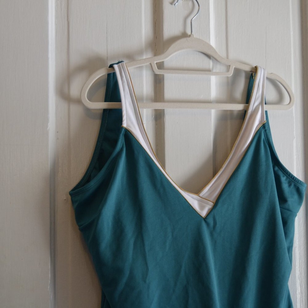 CEEB Retro Blue, White and Gold V Neck Thick Strap One Piece Swimsuit Size 24W - Picture 3 of 9